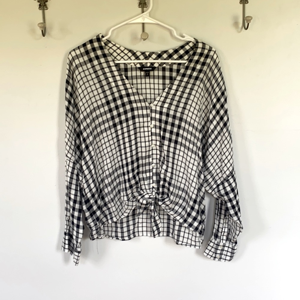Express Black Plaid Tie Front Long Sleeve Blouse